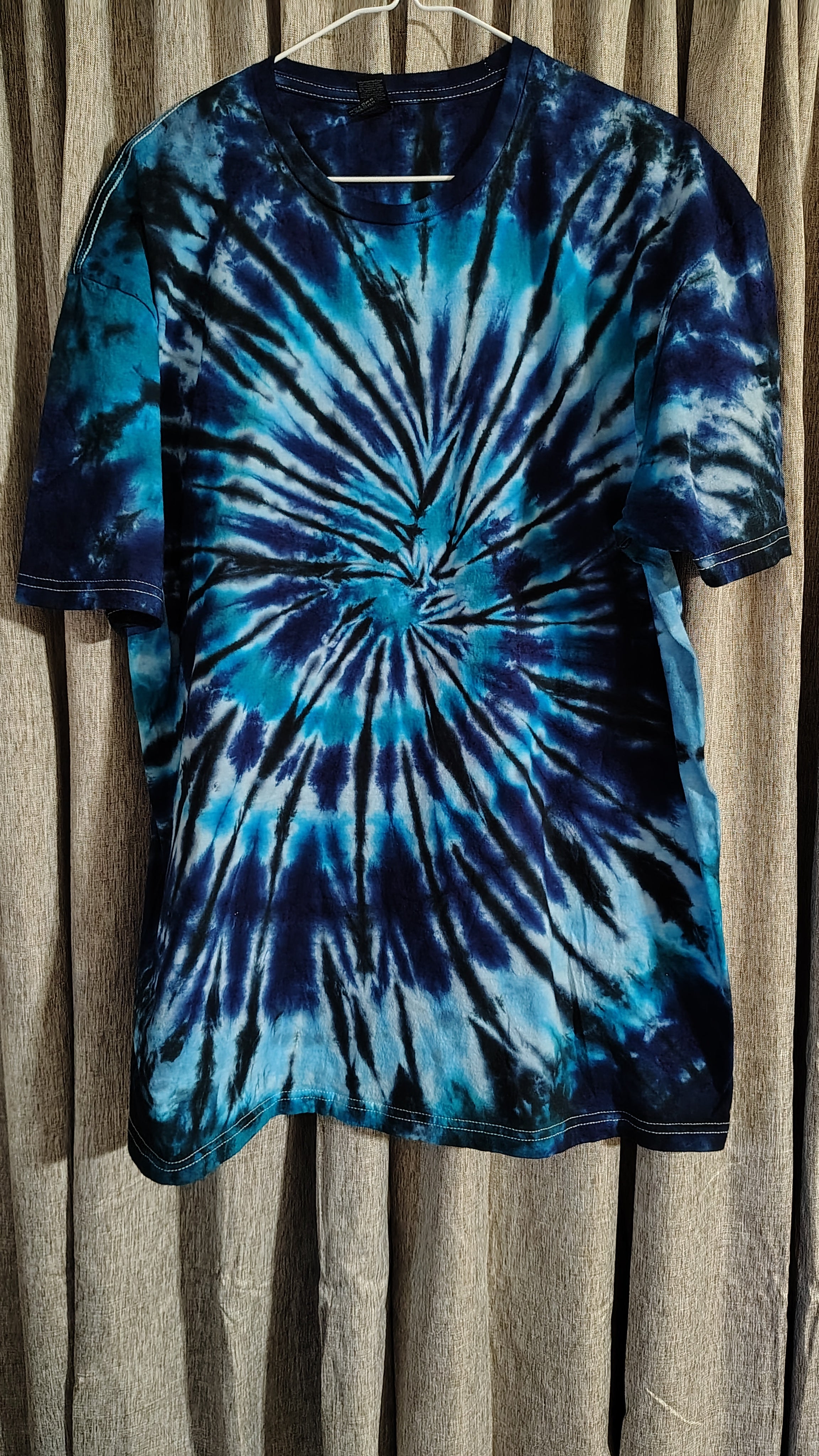 Teal & Navy Tie Dye Shirt – Adult XL – Handmade Dark Spiral Tee