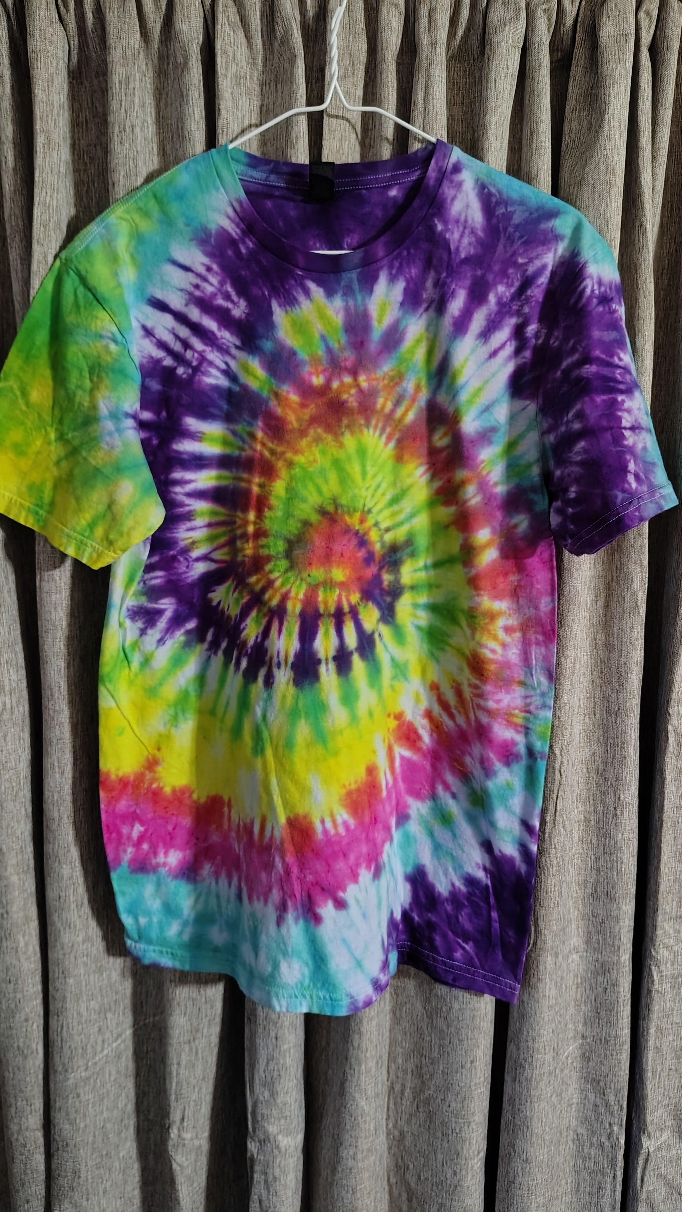 Rainbow Tie Dye Shirt – Adult Medium – Purple Yellow Pink Spiral Tee – Handmade