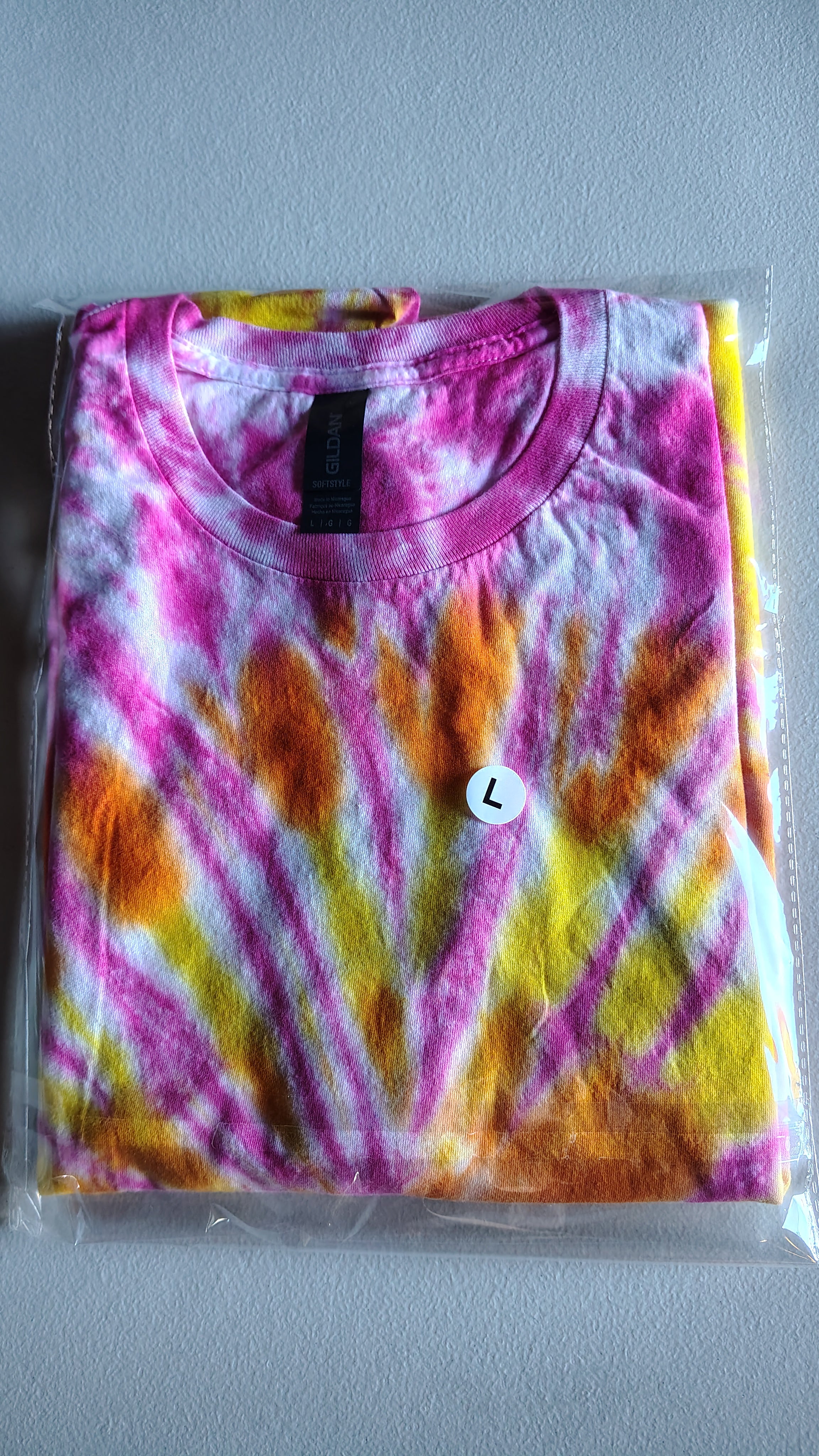 Pink Orange Yellow Tie Dye Shirt – Adult Large – Handmade Spiral Tee