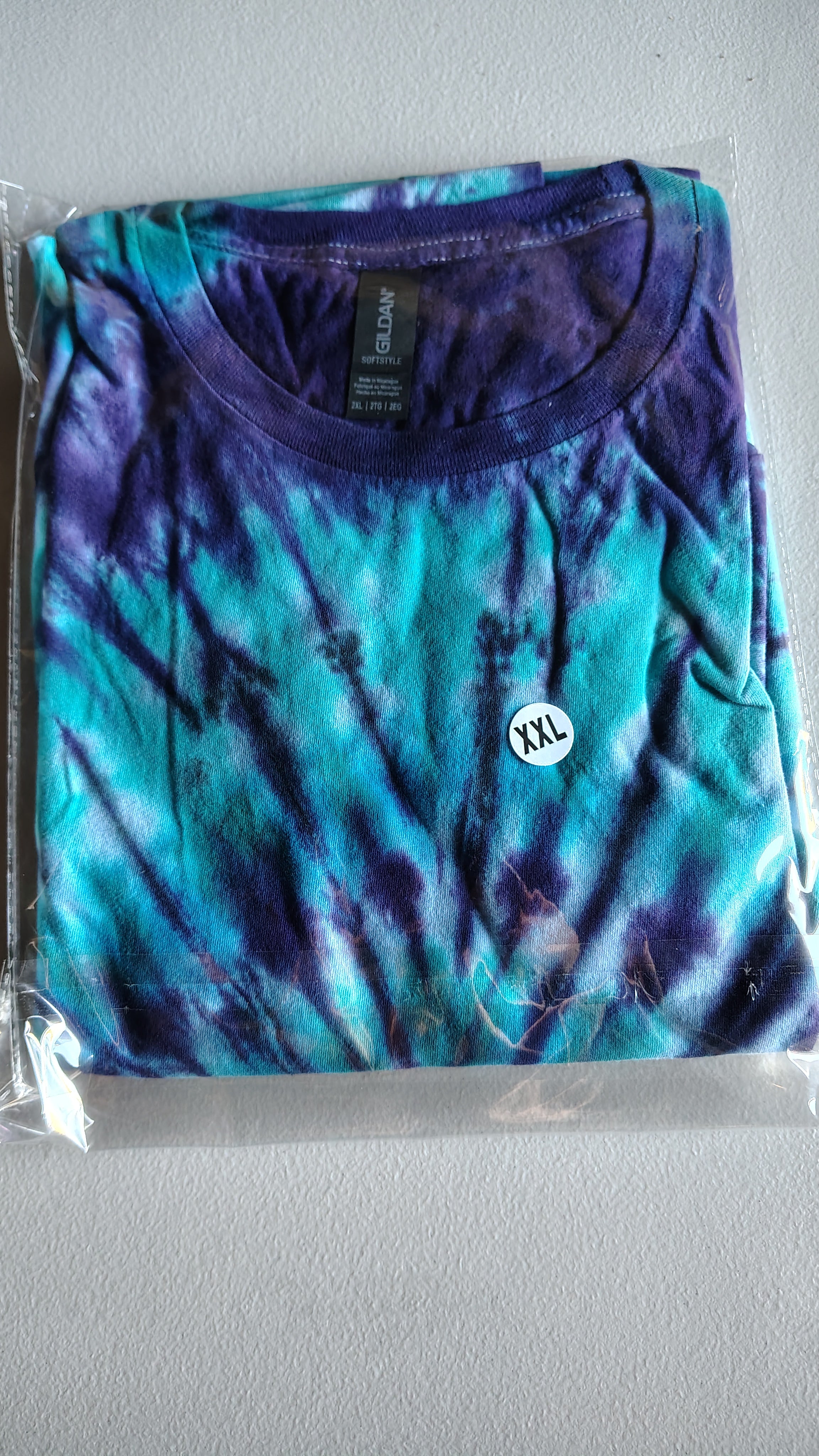 Teal Purple Tie Dye Shirt – Adult 2XL – Handmade Spiral Tee – Gildan Softstyle