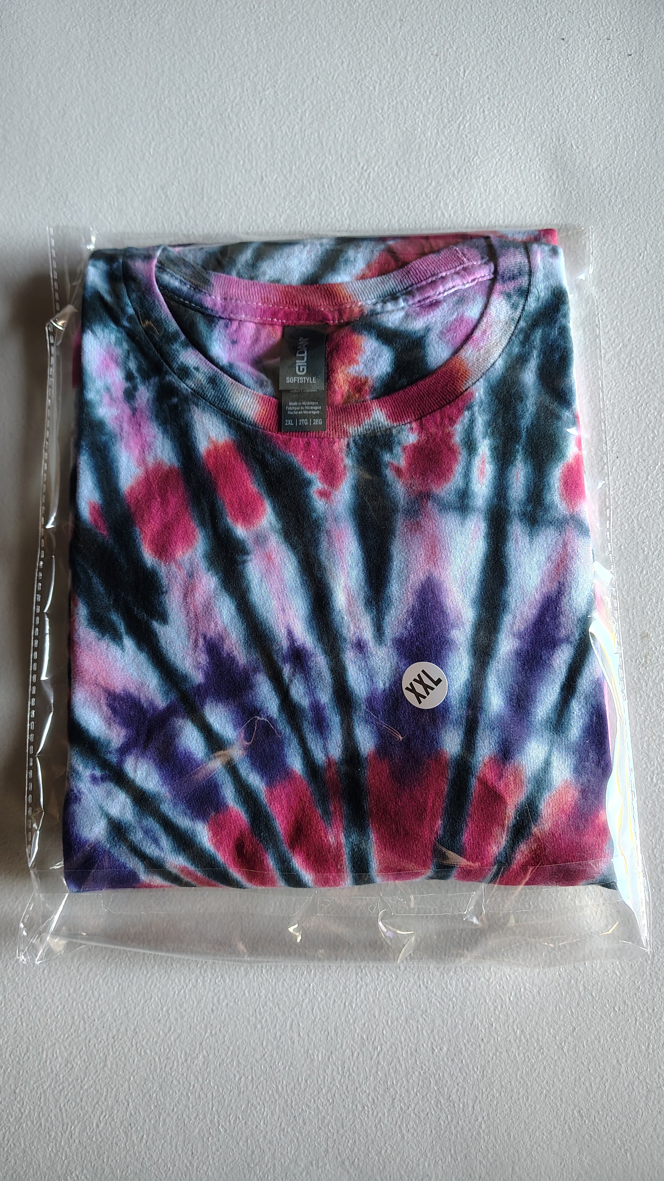 Red Pink Black Tie Dye Shirt – Adult 2XL – Bold Spiral Swirl Tee – Handmade