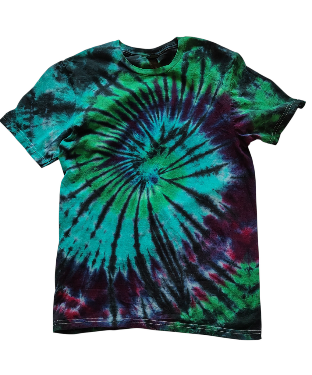 Emerald Glow Tie Dye Shirt – Adult S – Handmade Spiral Tee – Gildan Softstyle