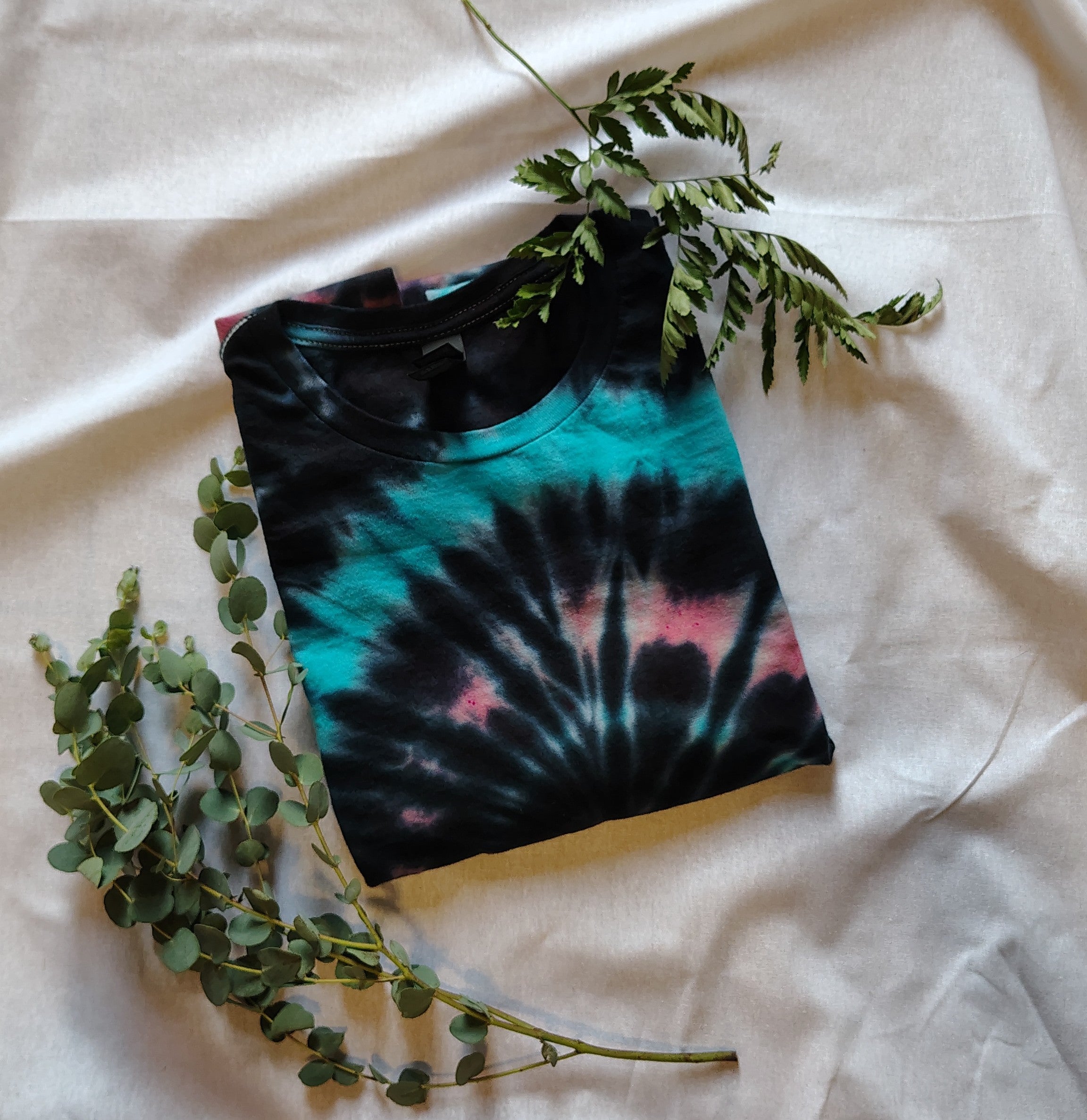 Teal & Coral Spiral Tie-Dye T-Shirt – Adult Small – Handmade One-of-a-Kind