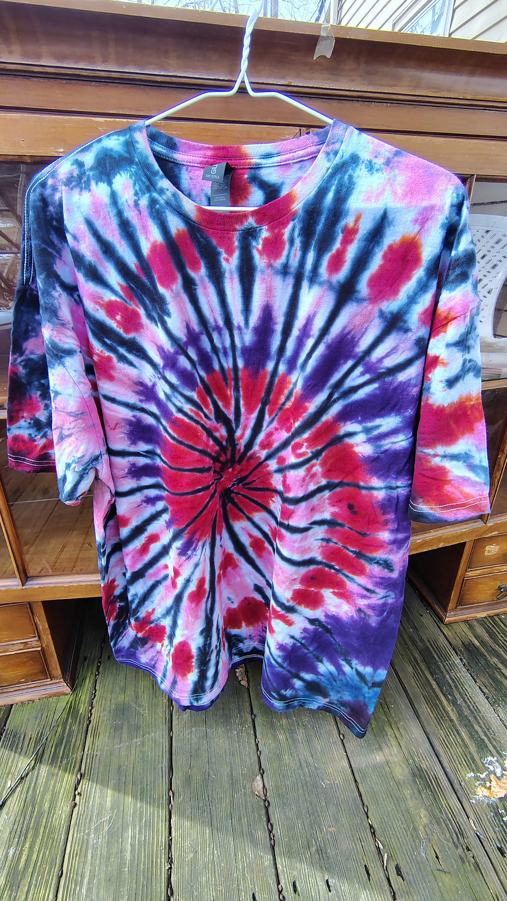 Red Pink Black Tie Dye Shirt – Adult 2XL – Bold Spiral Swirl Tee – Handmade