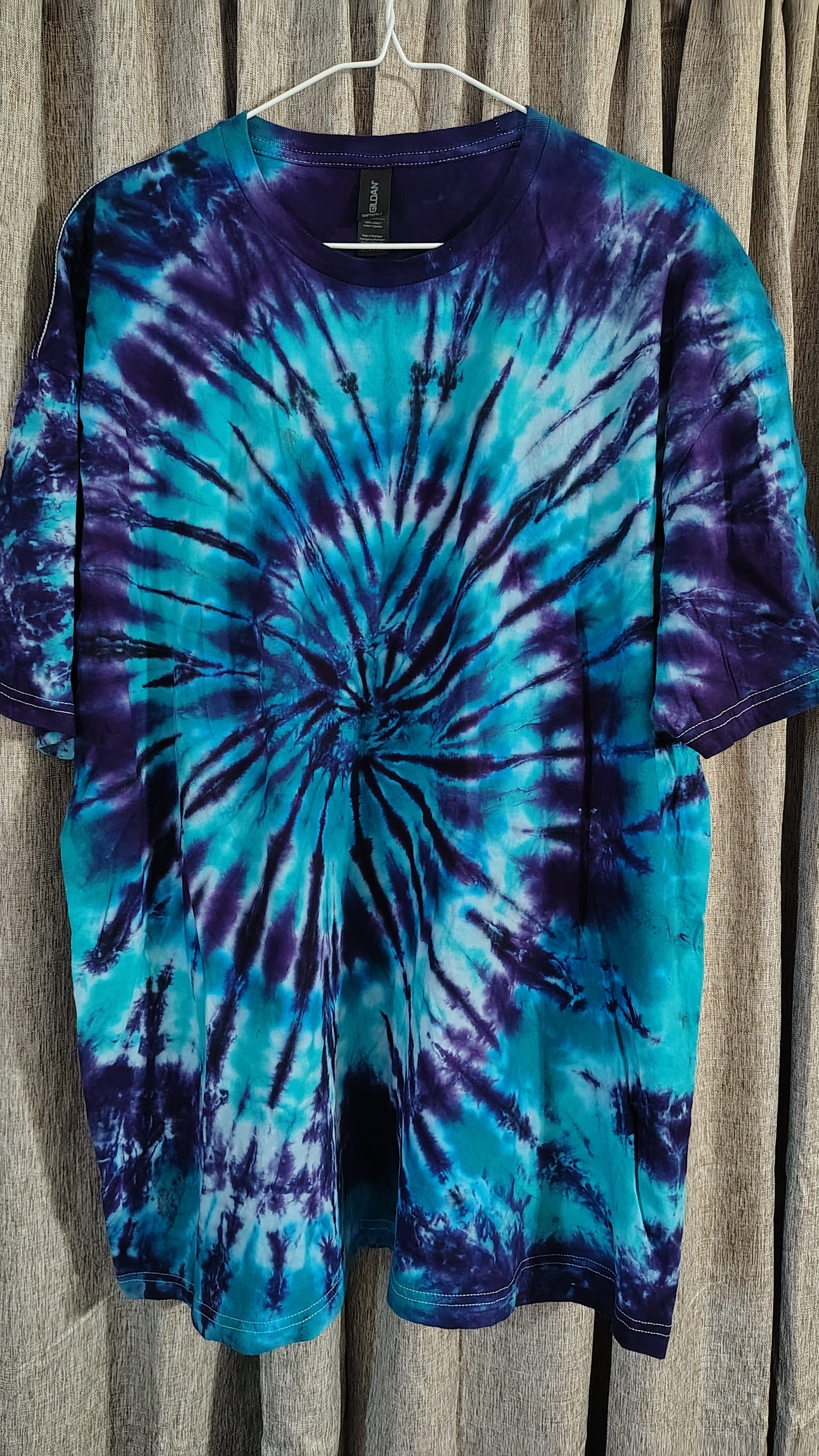 Teal Purple Tie Dye Shirt – Adult 2XL – Handmade Spiral Tee – Gildan Softstyle