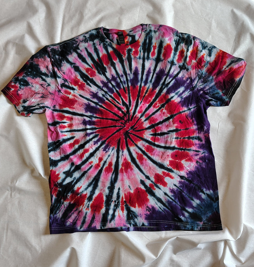 Red Pink Black Tie Dye Shirt – Adult 2XL – Bold Spiral Swirl Tee – Handmade