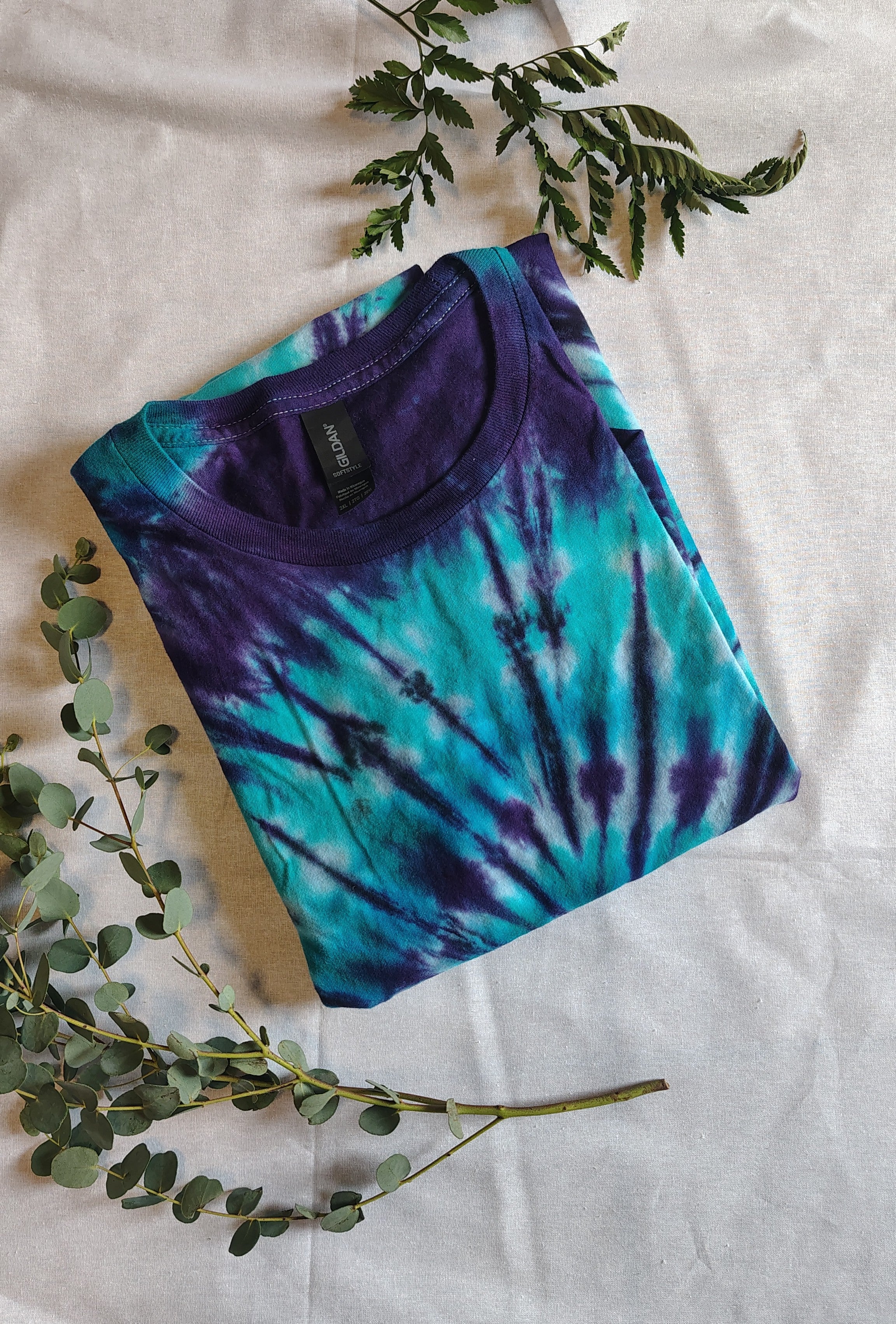 Teal Purple Tie Dye Shirt – Adult 2XL – Handmade Spiral Tee – Gildan Softstyle
