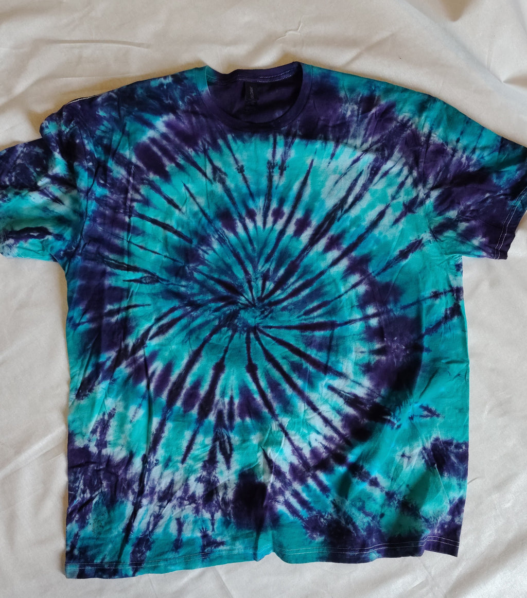 Teal Purple Tie Dye Shirt – Adult 2XL – Handmade Spiral Tee – Gildan Softstyle