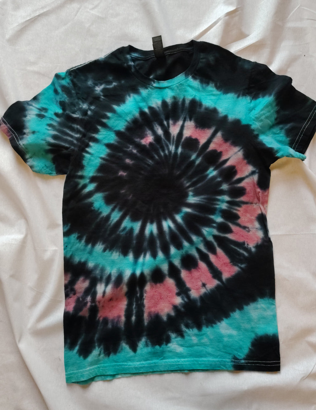 Teal & Coral Spiral Tie-Dye T-Shirt – Adult Small – Handmade One-of-a-Kind