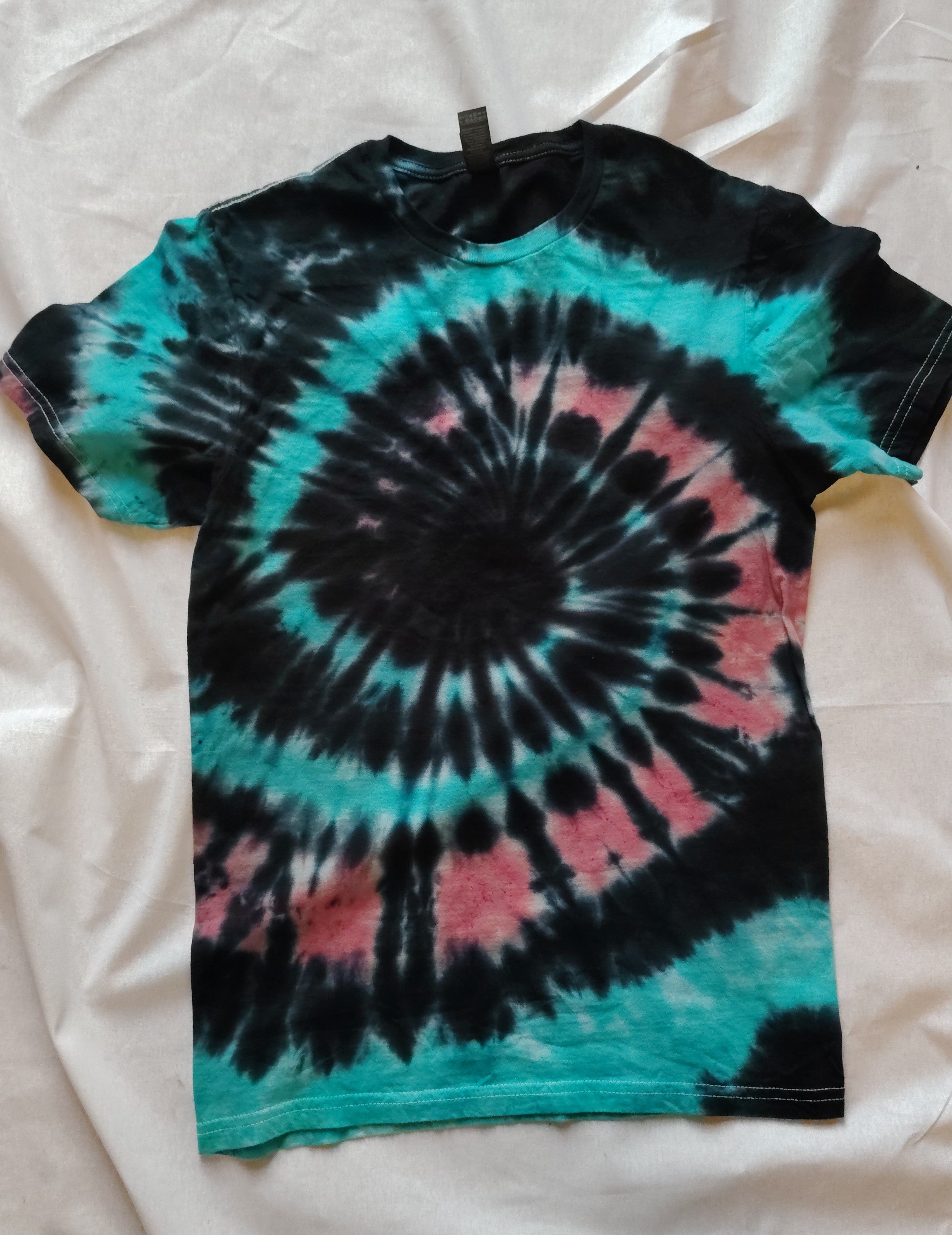 Teal & Coral Spiral Tie-Dye T-Shirt – Adult Small – Handmade One-of-a-Kind
