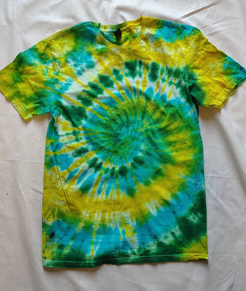 Yellow & Green Tie Dye Shirt – Adult Medium – Handmade Swirl Tee