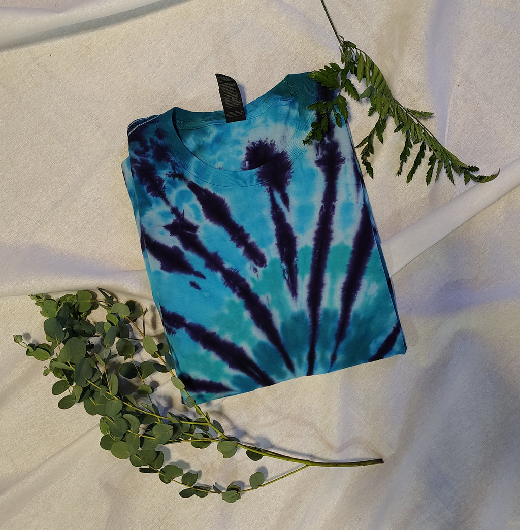 Aqua Blue Tie Dye Shirt – Adult Large – Handmade Spiral Swirl Tee