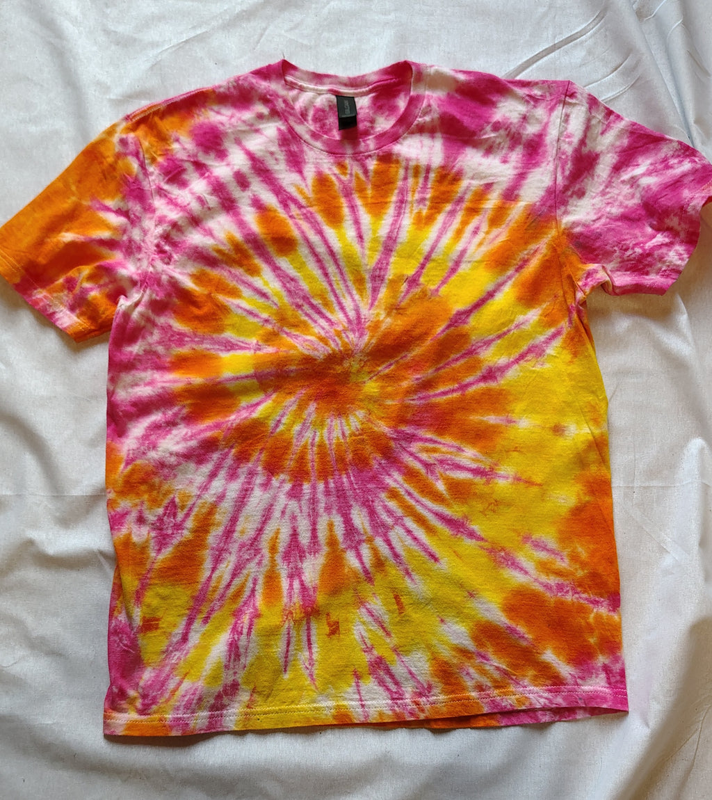 Pink Orange Yellow Tie Dye Shirt – Adult Large – Handmade Spiral Tee