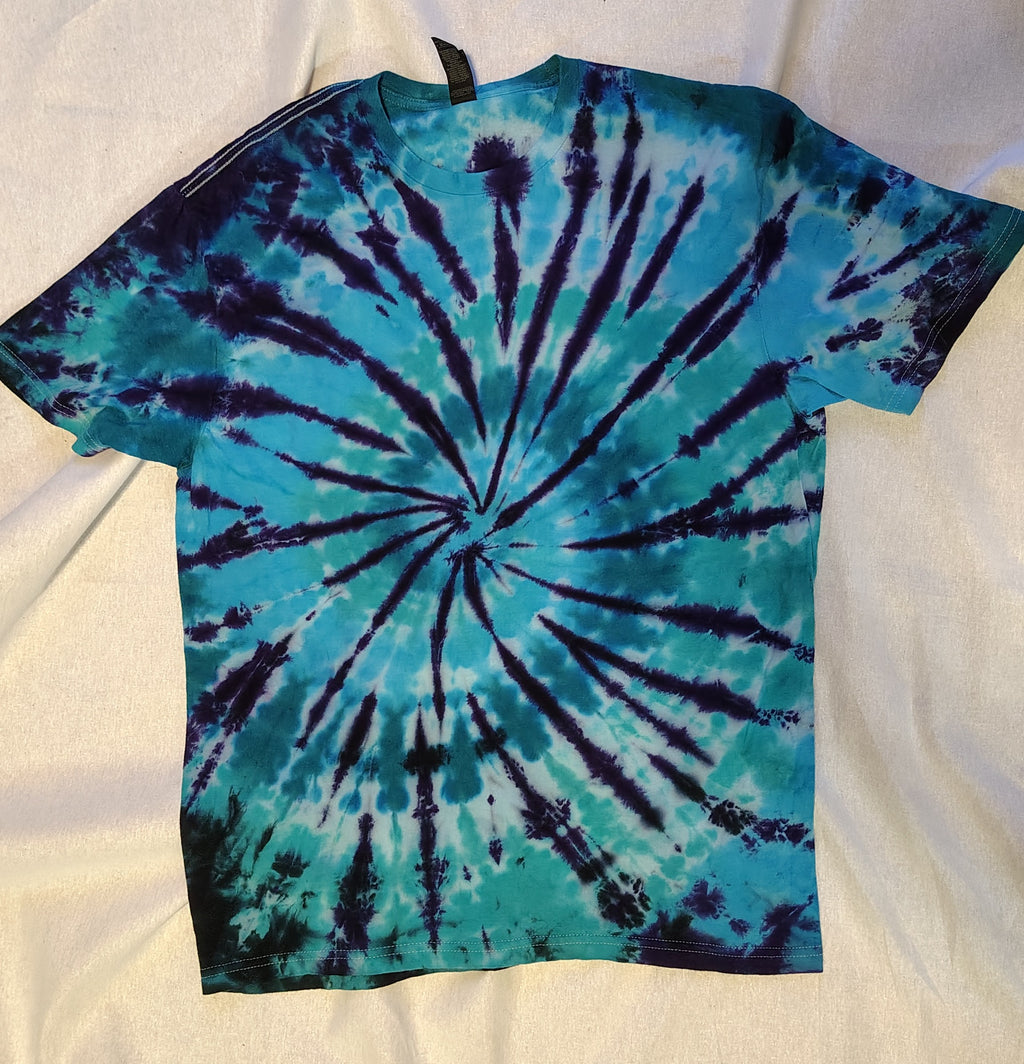 Aqua Blue Tie Dye Shirt – Adult Large – Handmade Spiral Swirl Tee
