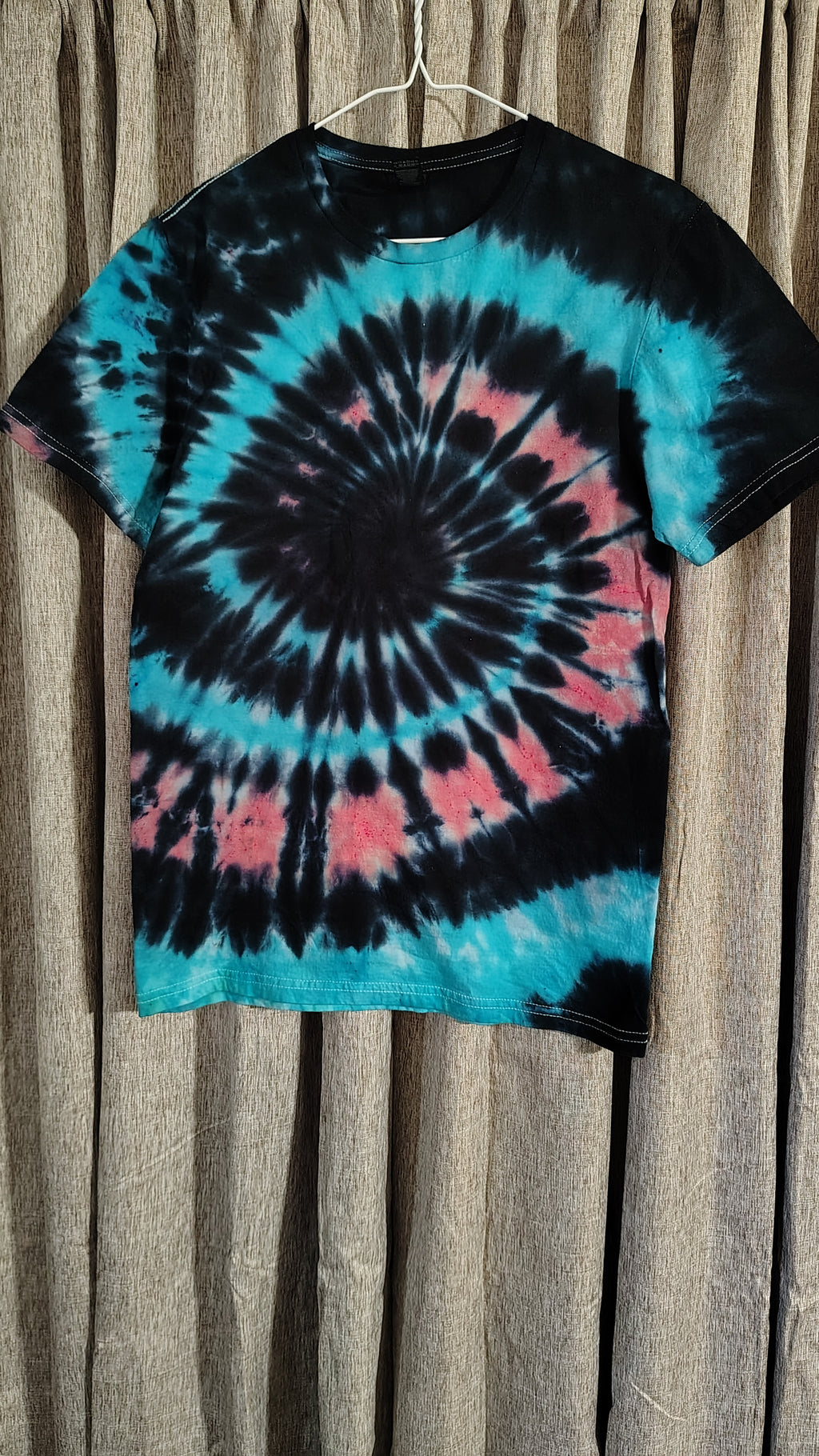 Teal & Coral Spiral Tie-Dye T-Shirt – Adult Small – Handmade One-of-a-Kind