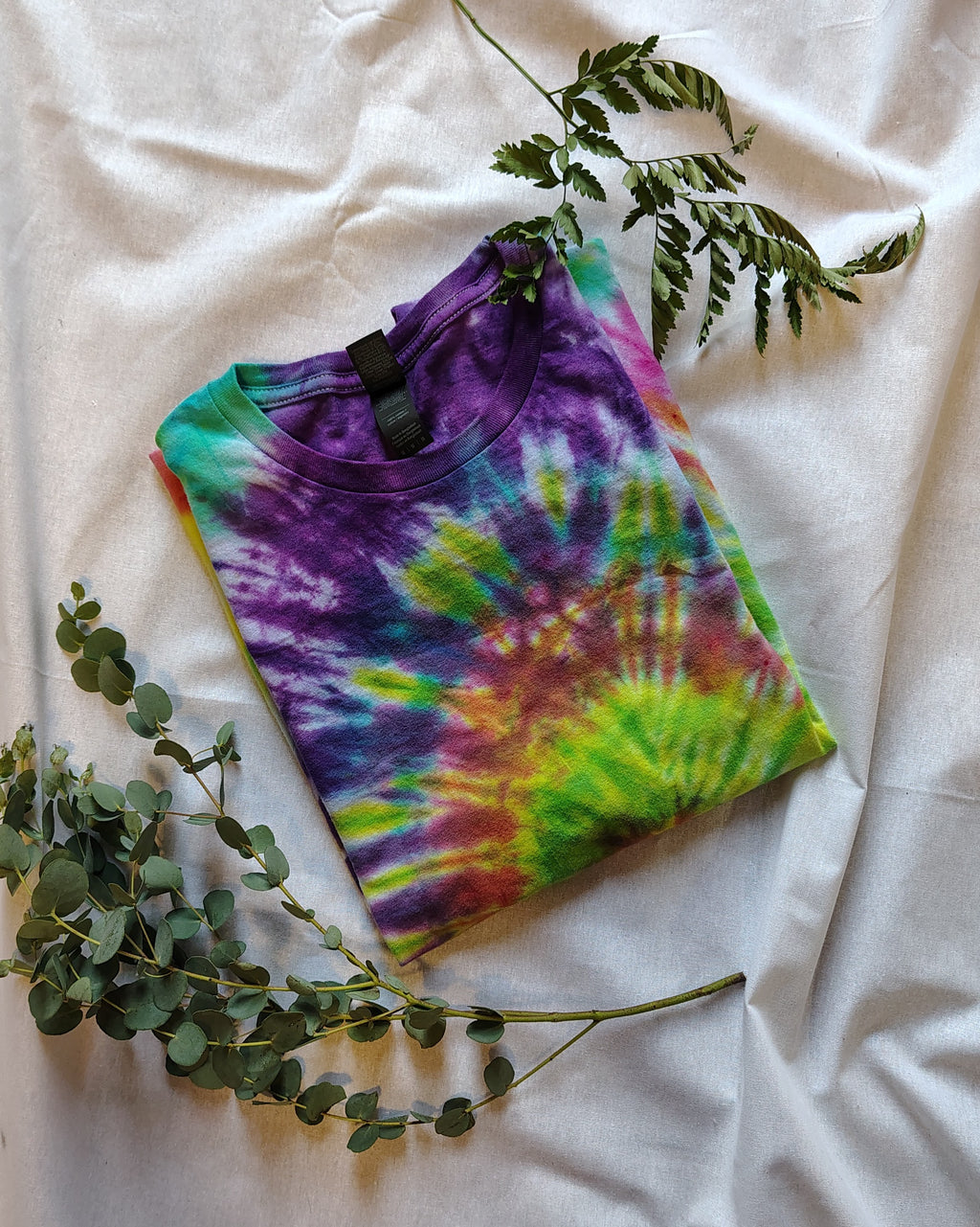 Rainbow Tie Dye Shirt – Adult Medium – Purple Yellow Pink Spiral Tee – Handmade