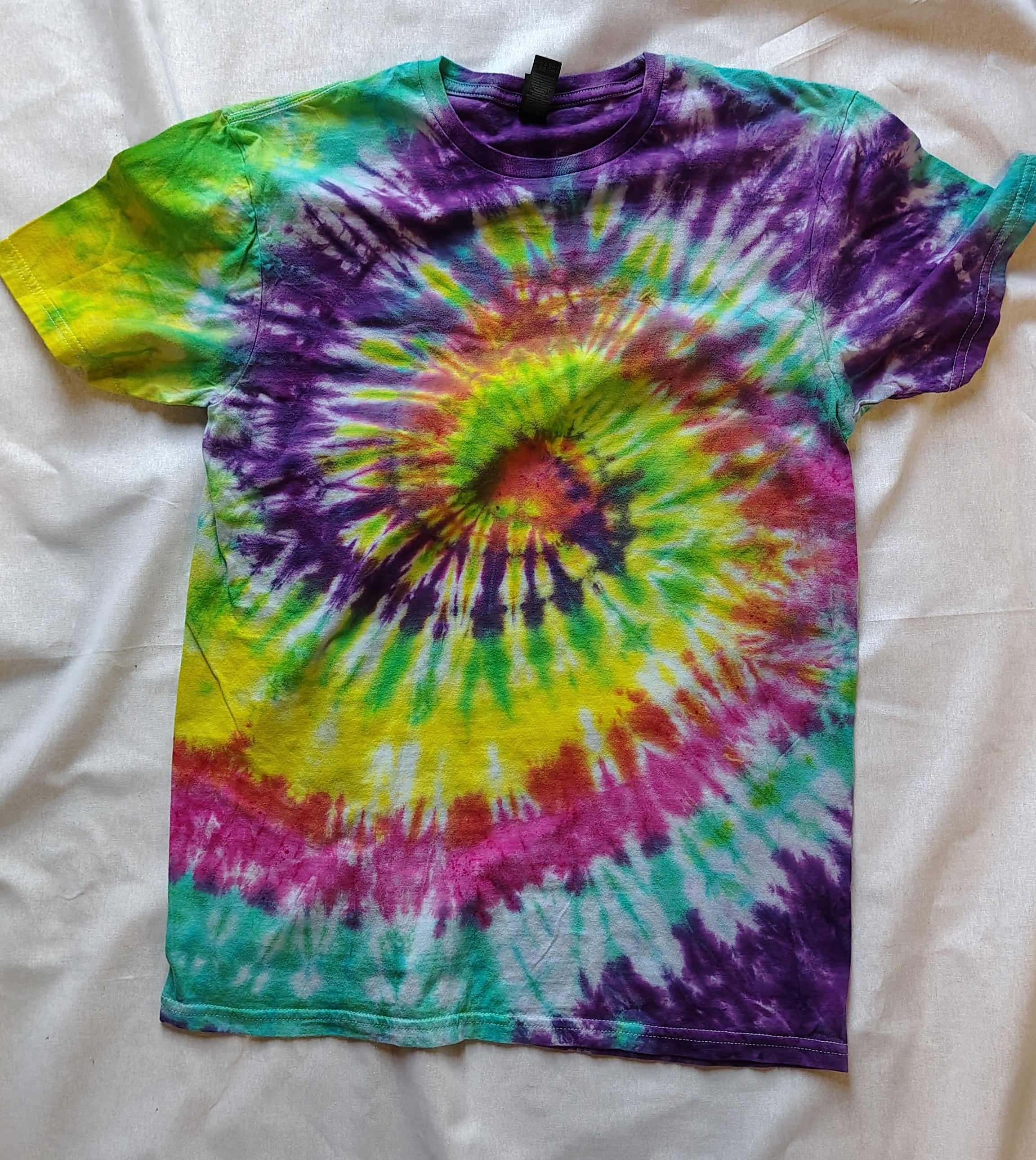 Rainbow Tie Dye Shirt – Adult Medium – Purple Yellow Pink Spiral Tee – Handmade