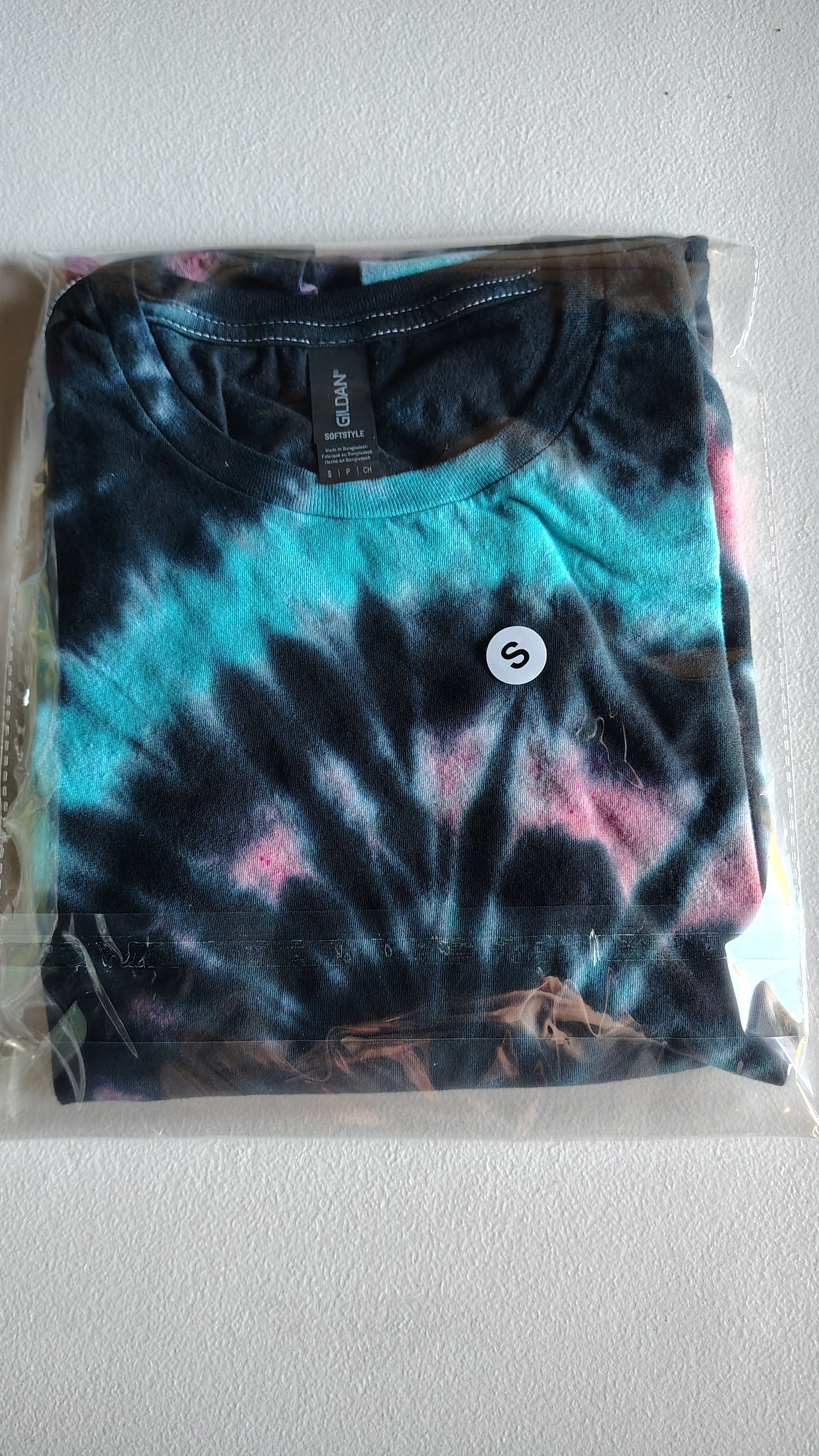 Teal & Coral Spiral Tie-Dye T-Shirt – Adult Small – Handmade One-of-a-Kind